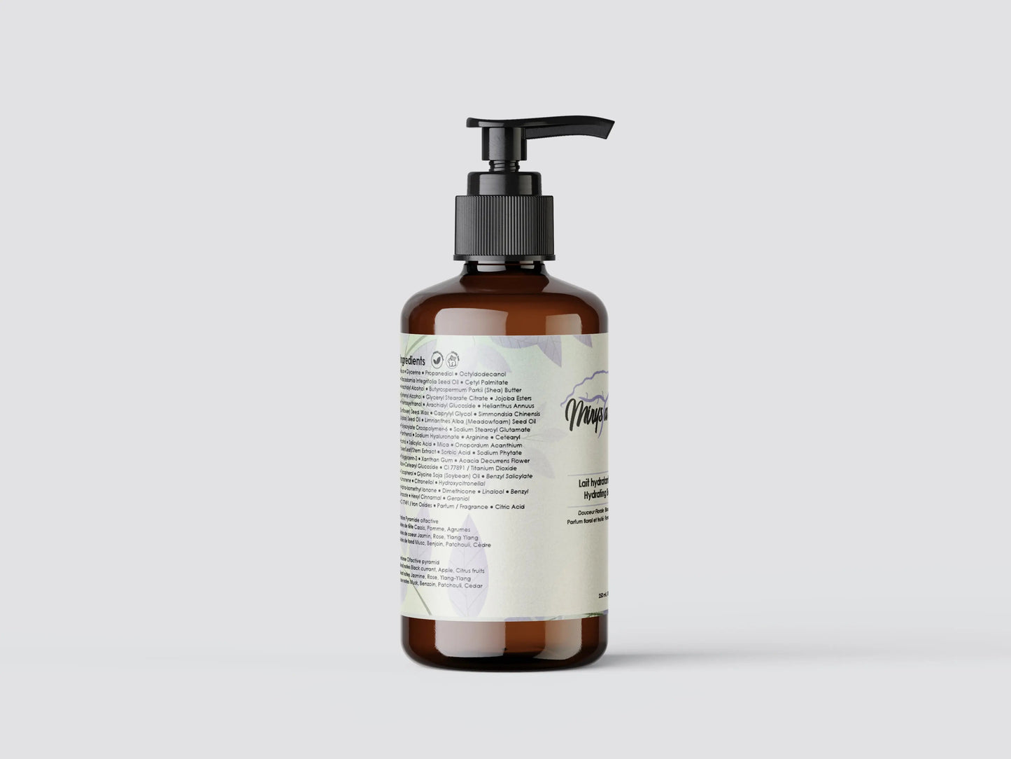 Lightweight hydrating body milk with floral scent in pump bottle