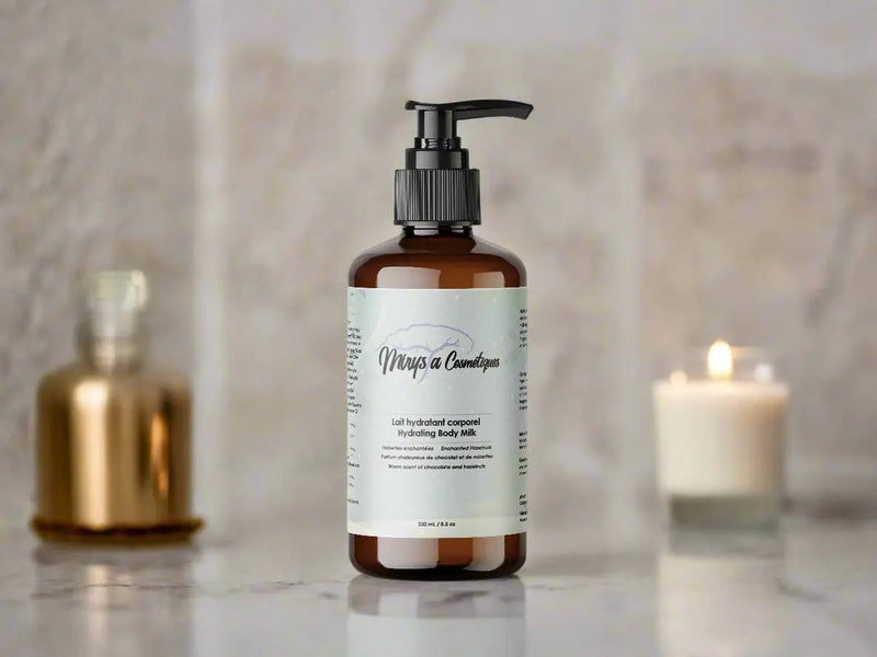 Enchanted Hazelnuts natural body milk pump bottle with warm fragrance