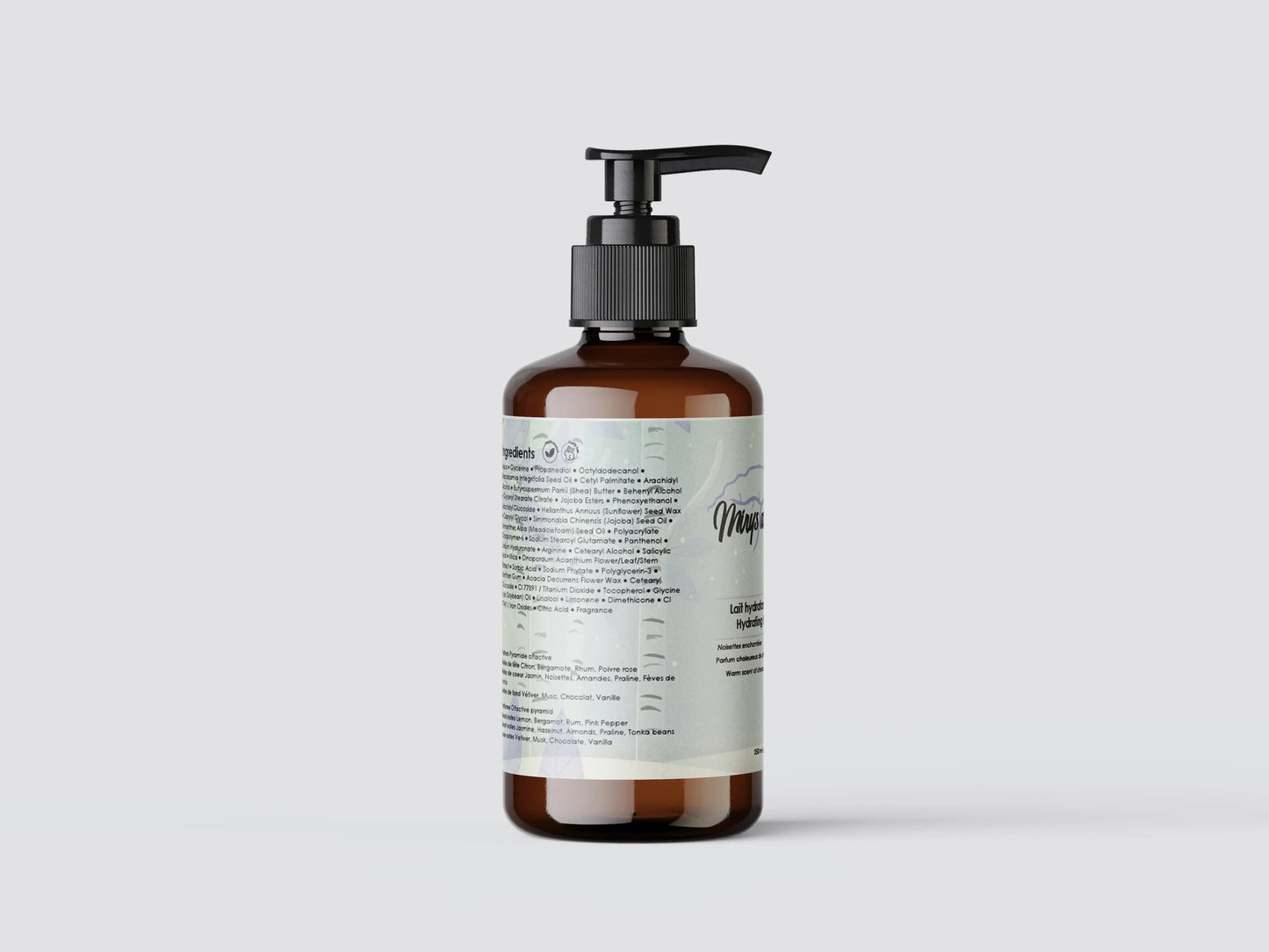 Hazelnut scented hydrating body milk pump bottle on display