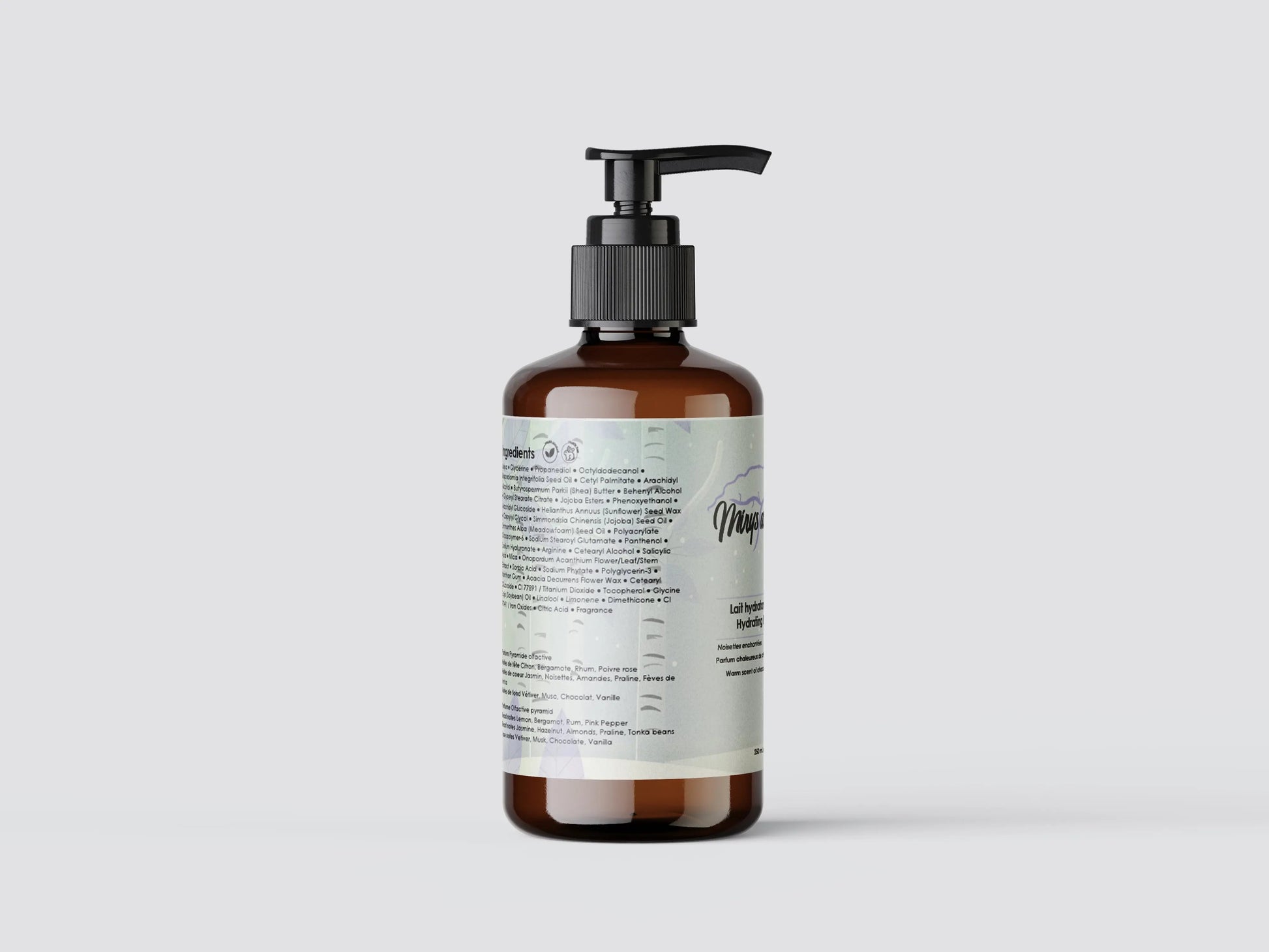 Hazelnut scented hydrating body milk pump bottle on display